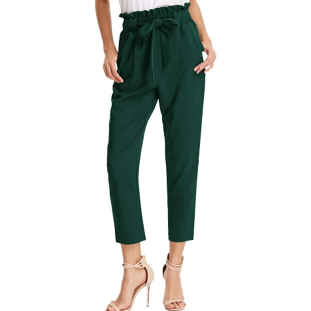 Green GRACE KARIN Women's Cropped Paper Bag Waist Pants with Pockets medium